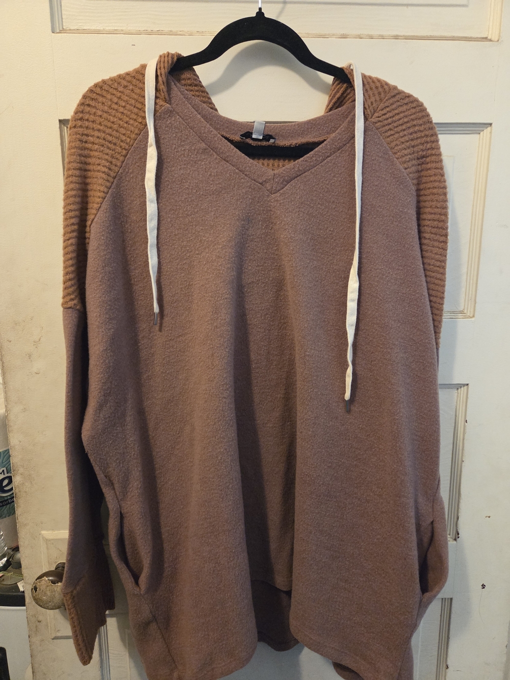 white birch Mauve Brown V-Neck Sweater with Contrast Ribbed Shoulders